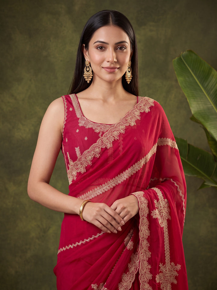 Rani Pink Satin Gold Zariwork Saree With Matching Blouse Piece