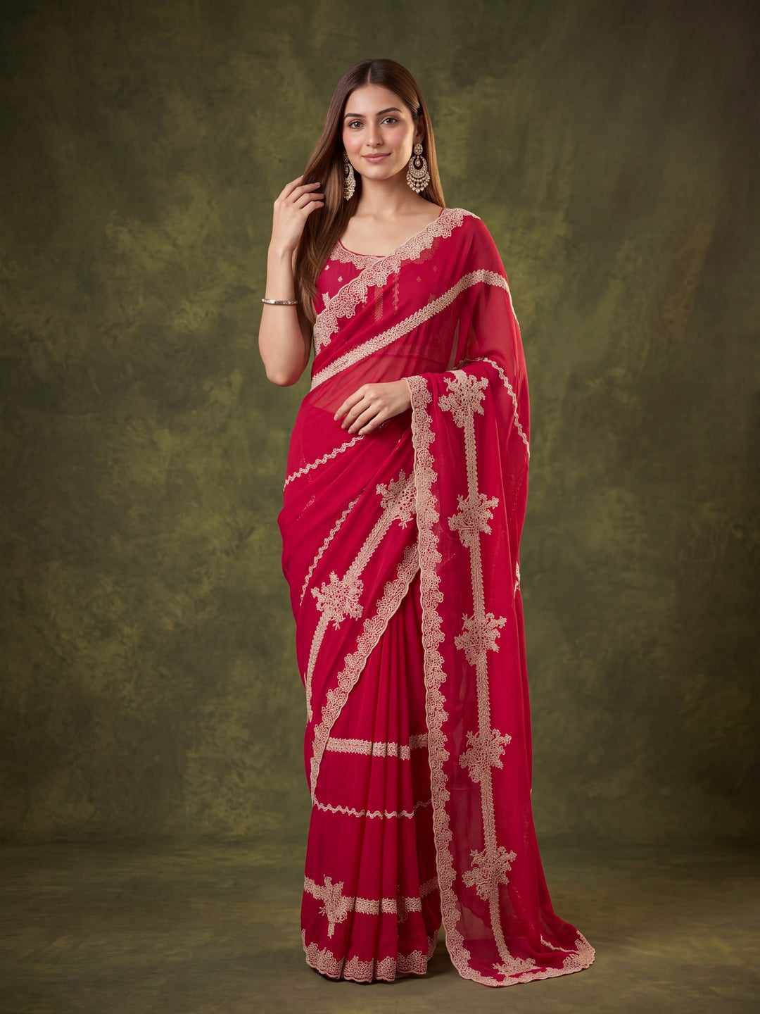 Rani Pink Satin Gold Zariwork Saree With Matching Blouse Piece