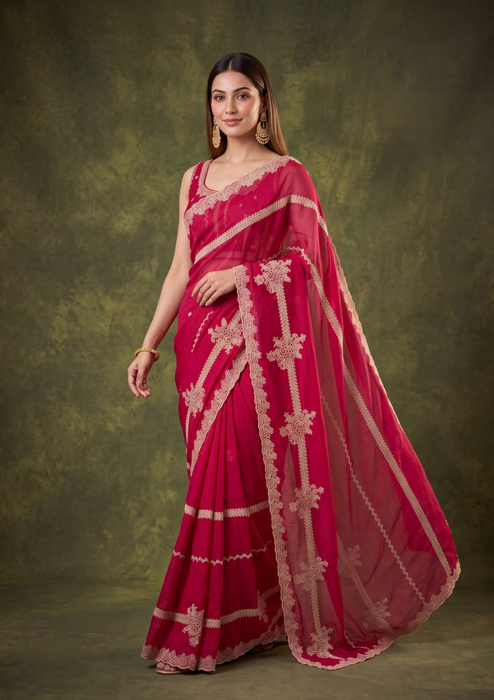 Rani Pink Satin Gold Zariwork Saree With Matching Blouse Piece