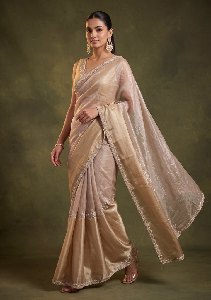 Beige Satin Gold Zariwork Saree With Matching Blouse Piece