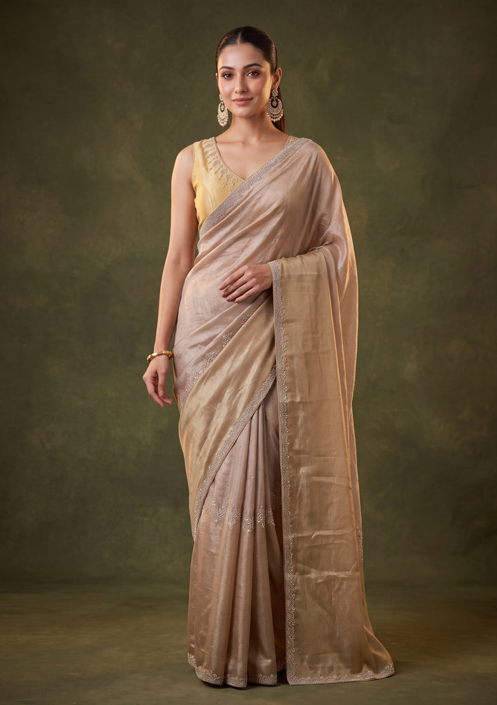 Beige Satin Gold Zariwork Saree With Matching Blouse Piece