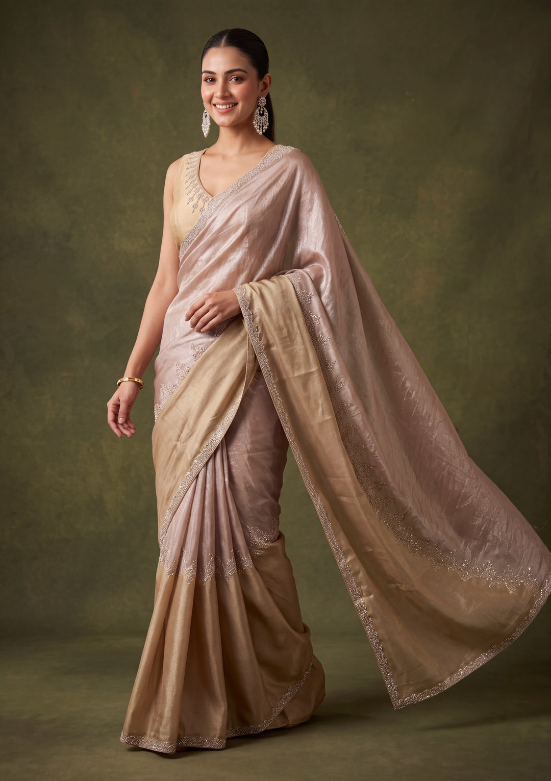 Beige Satin Gold Zariwork Saree With Matching Blouse Piece