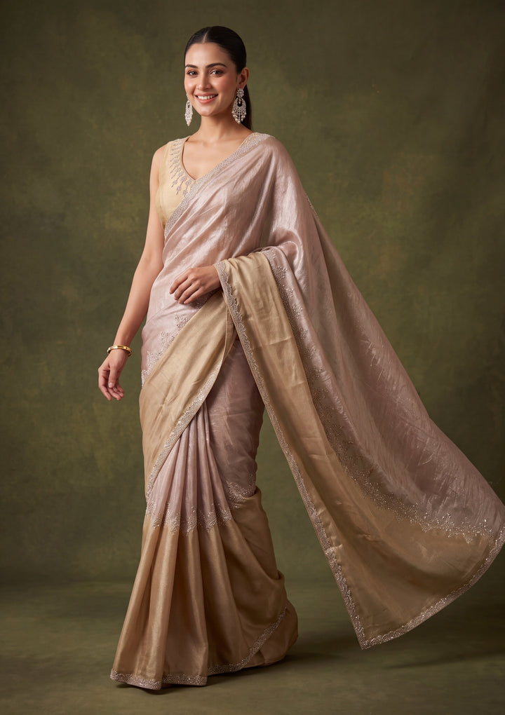 Beige Satin Gold Zariwork Saree With Matching Blouse Piece