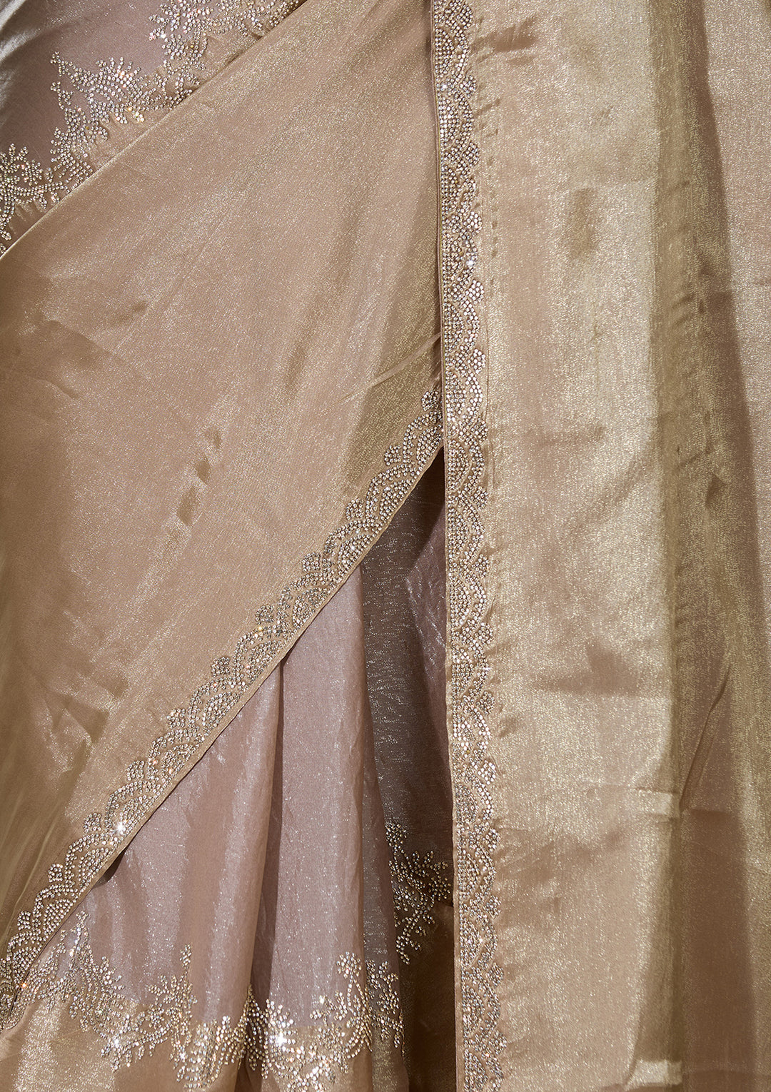 Beige Satin Gold Zariwork Saree With Matching Blouse Piece