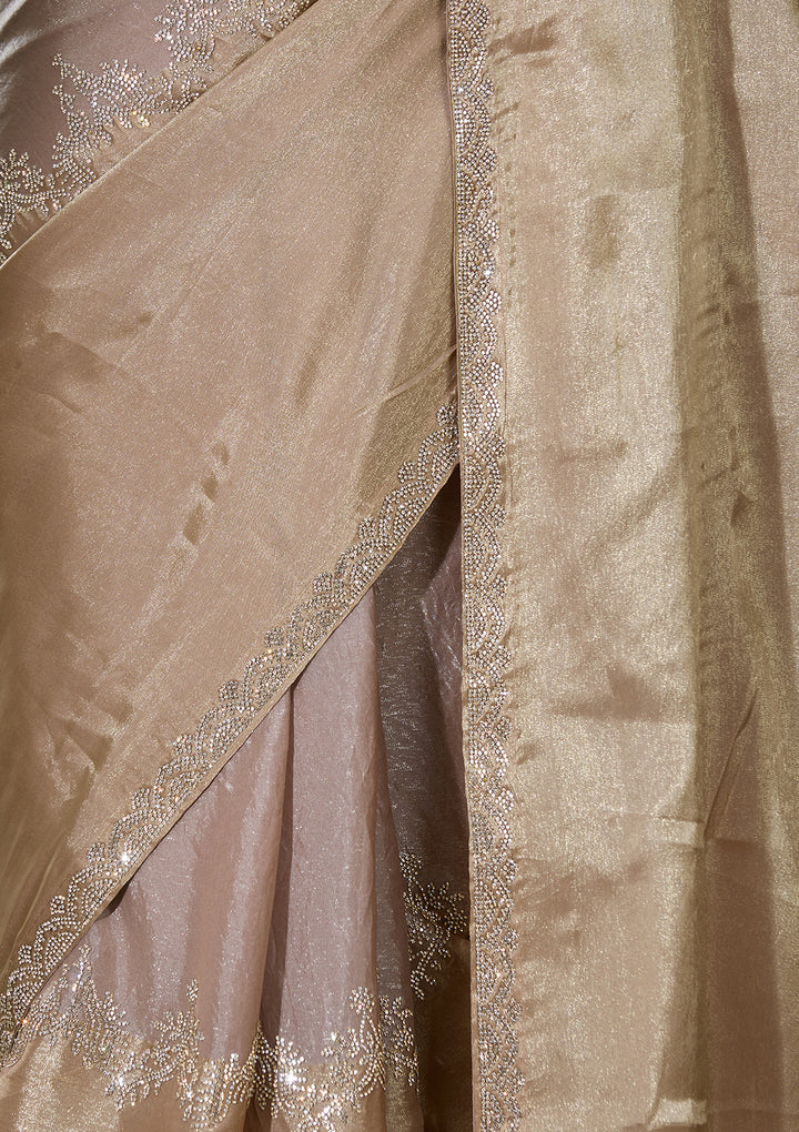 Beige Satin Gold Zariwork Saree With Matching Blouse Piece