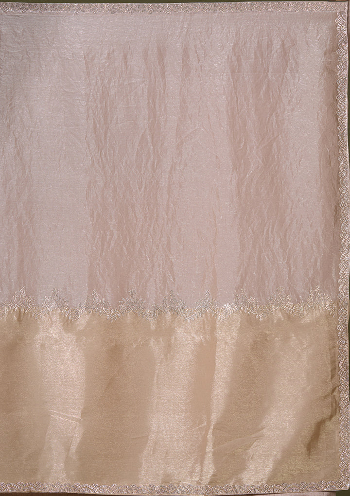 Beige Satin Gold Zariwork Saree With Matching Blouse Piece