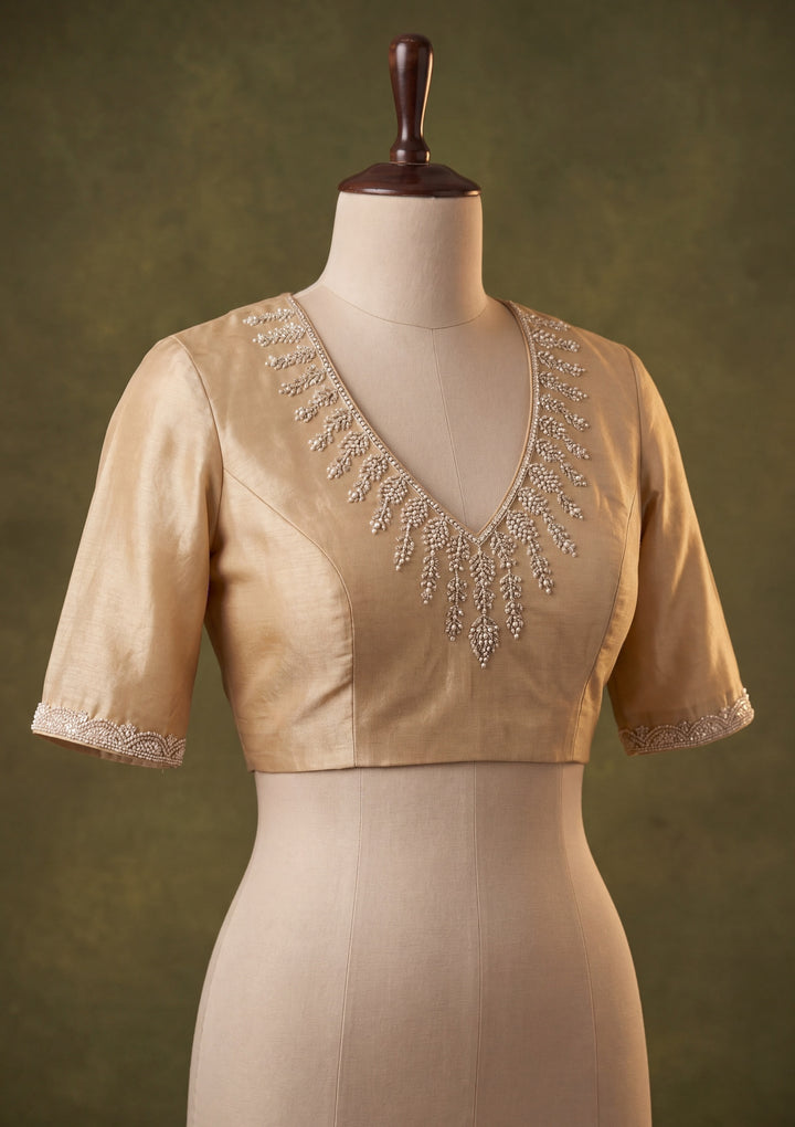 Beige Satin Gold Zariwork Saree With Matching Blouse Piece