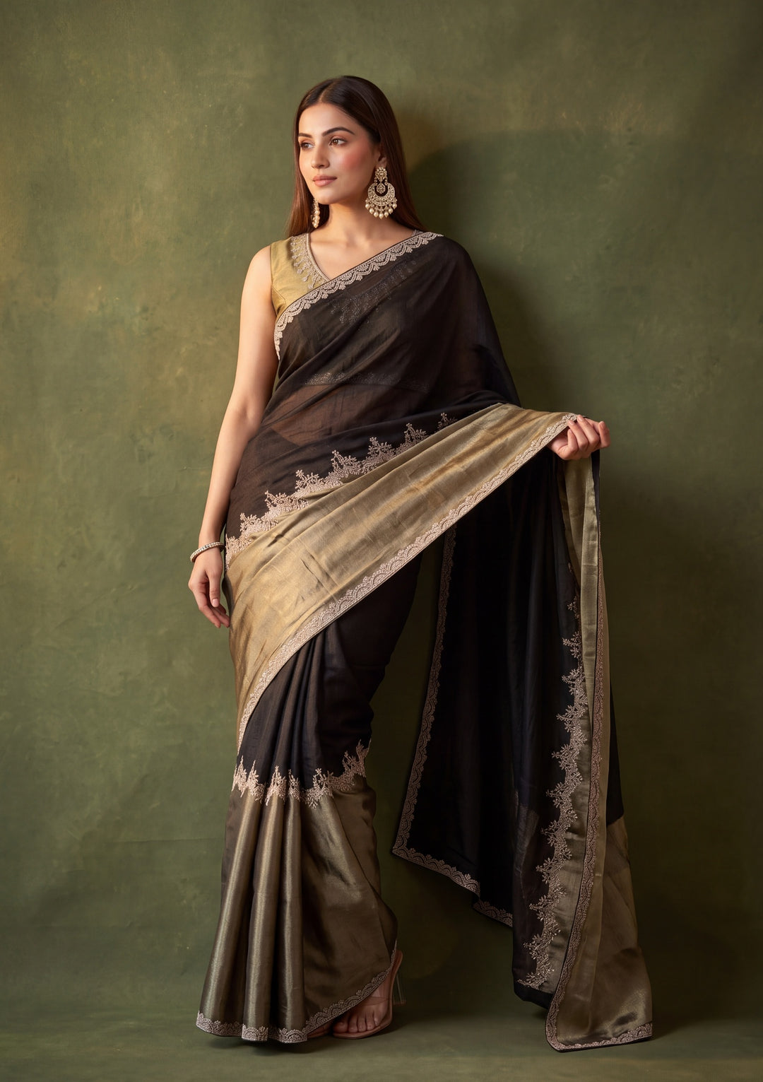 Black Satin Gold Zariwork Saree With Matching Blouse Piece