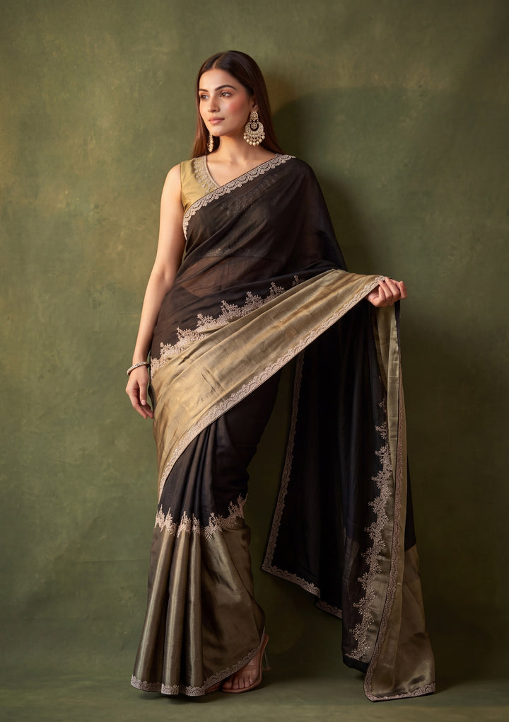 Black Satin Gold Zariwork Saree With Matching Blouse Piece
