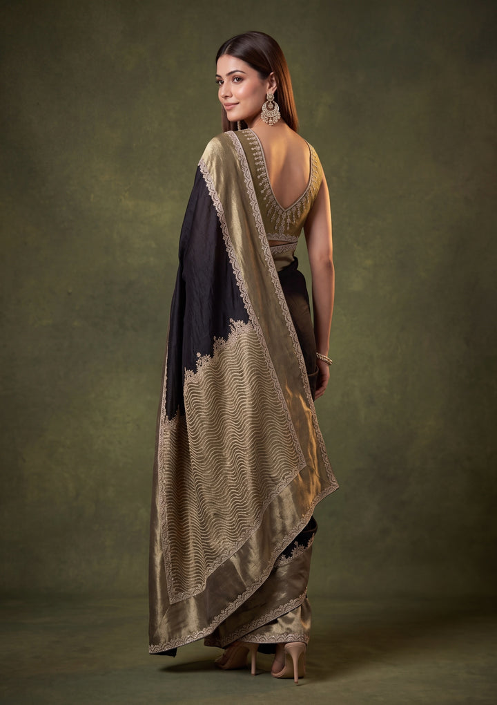 Black Satin Gold Zariwork Saree With Matching Blouse Piece