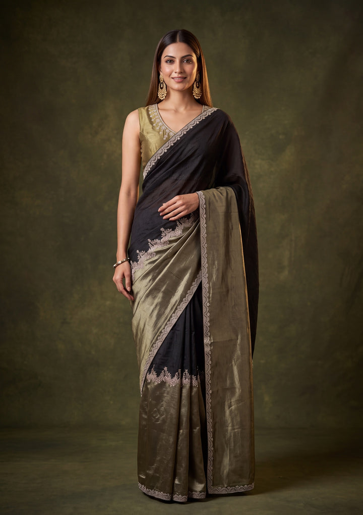 Black Satin Gold Zariwork Saree With Matching Blouse Piece