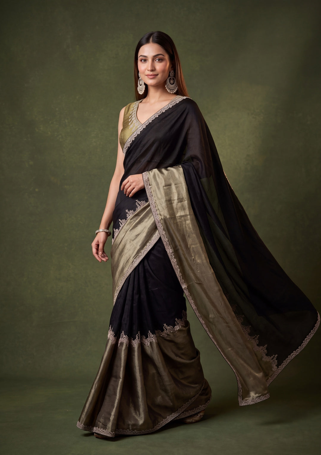 Black Satin Gold Zariwork Saree With Matching Blouse Piece