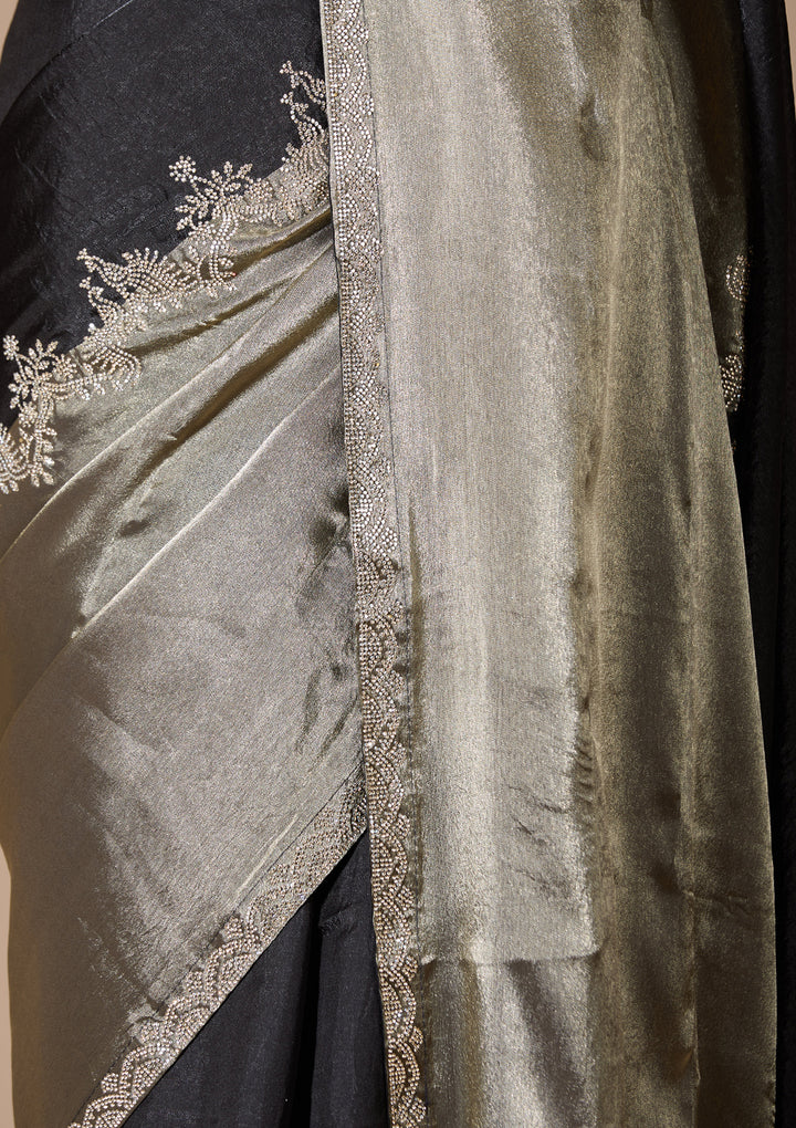 Black Satin Gold Zariwork Saree With Matching Blouse Piece