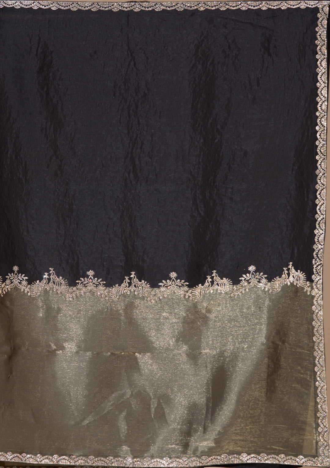 Black Satin Gold Zariwork Saree With Matching Blouse Piece