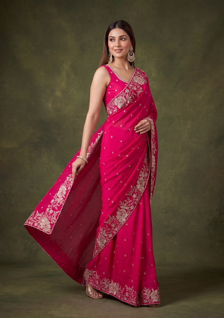 Rani Pink Soft Raw Silk Gold Zariwork Saree With Matching Blouse Piece