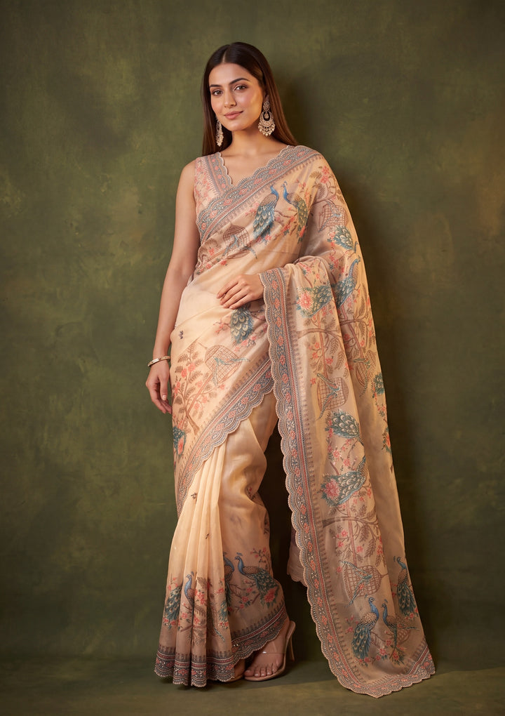 Peach Satin Floral Gold Stonework Saree With Matching Blouse Piece