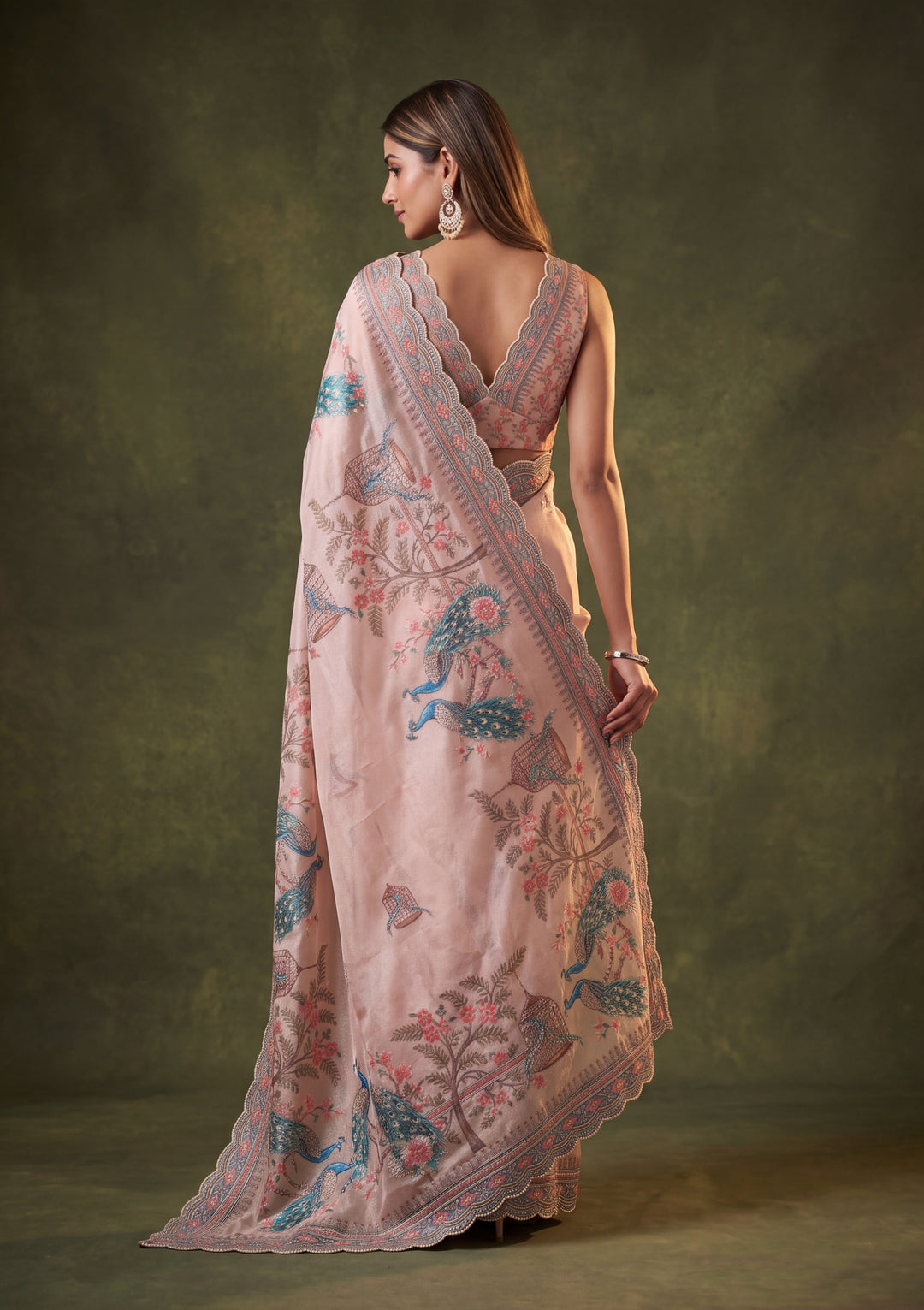 Peach Satin Floral Gold Stonework Saree With Matching Blouse Piece