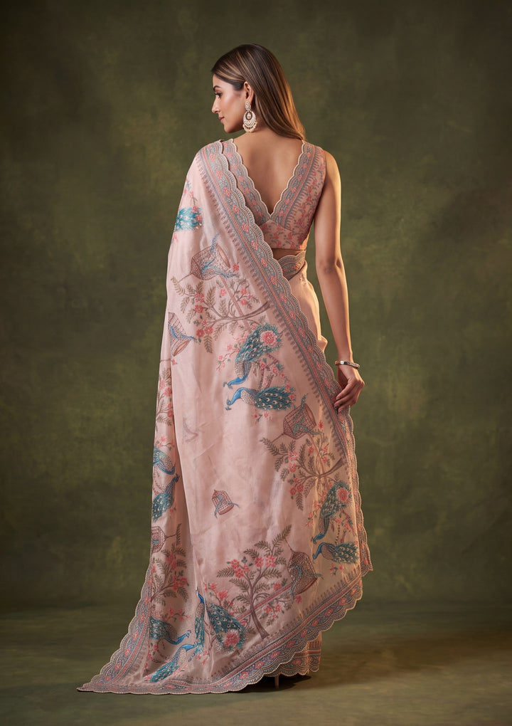 Peach Satin Floral Gold Stonework Saree With Matching Blouse Piece