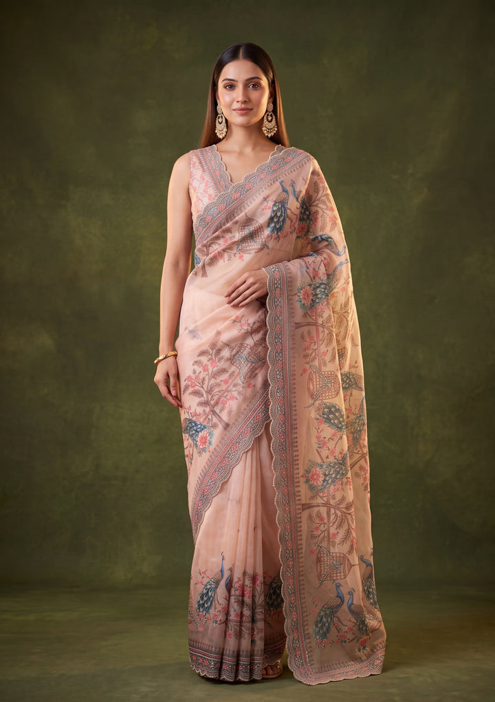 Peach Satin Floral Gold Stonework Saree With Matching Blouse Piece