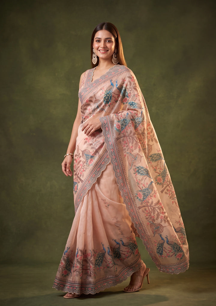 Peach Satin Floral Gold Stonework Saree With Matching Blouse Piece