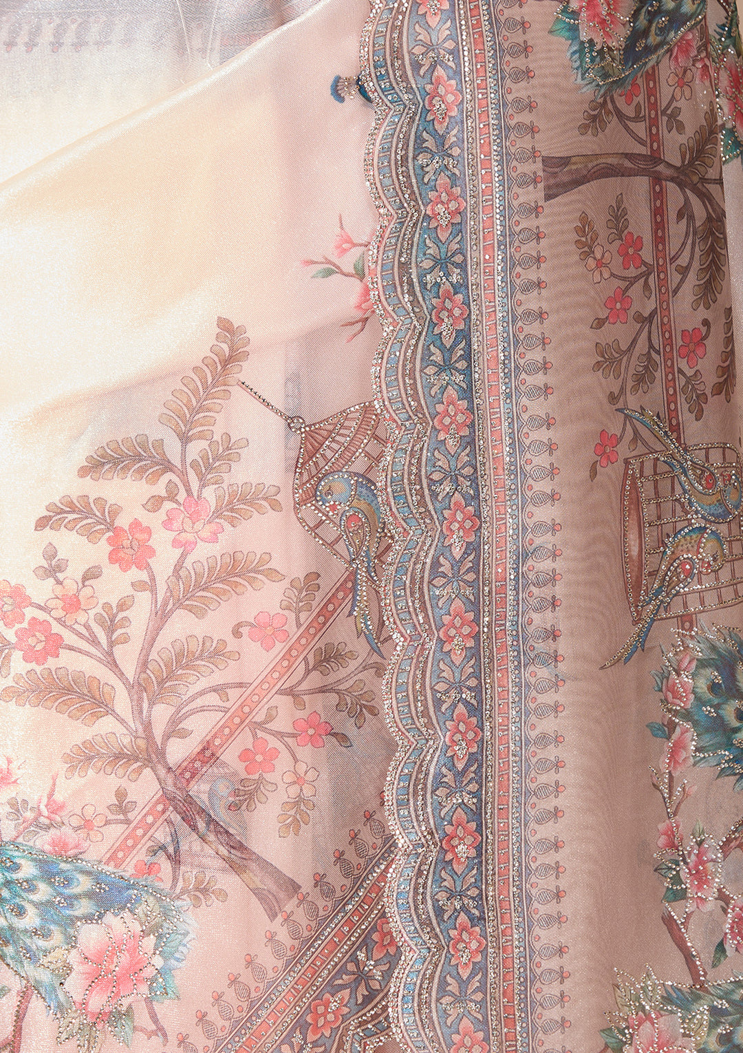 Peach Satin Floral Gold Stonework Saree With Matching Blouse Piece