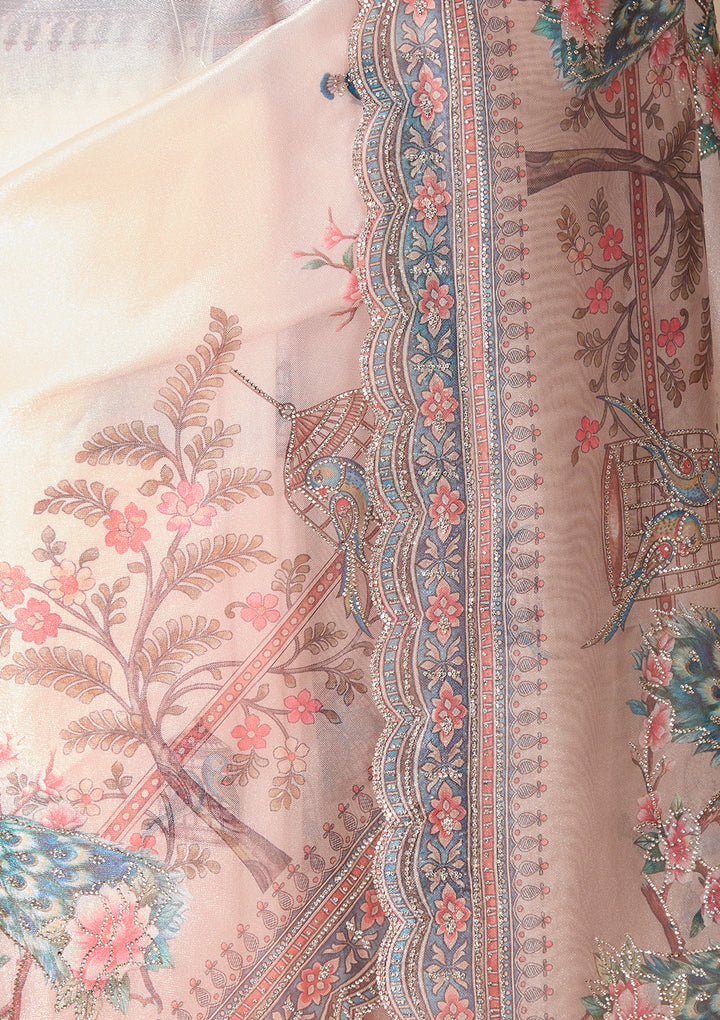 Peach Satin Floral Gold Stonework Saree With Matching Blouse Piece