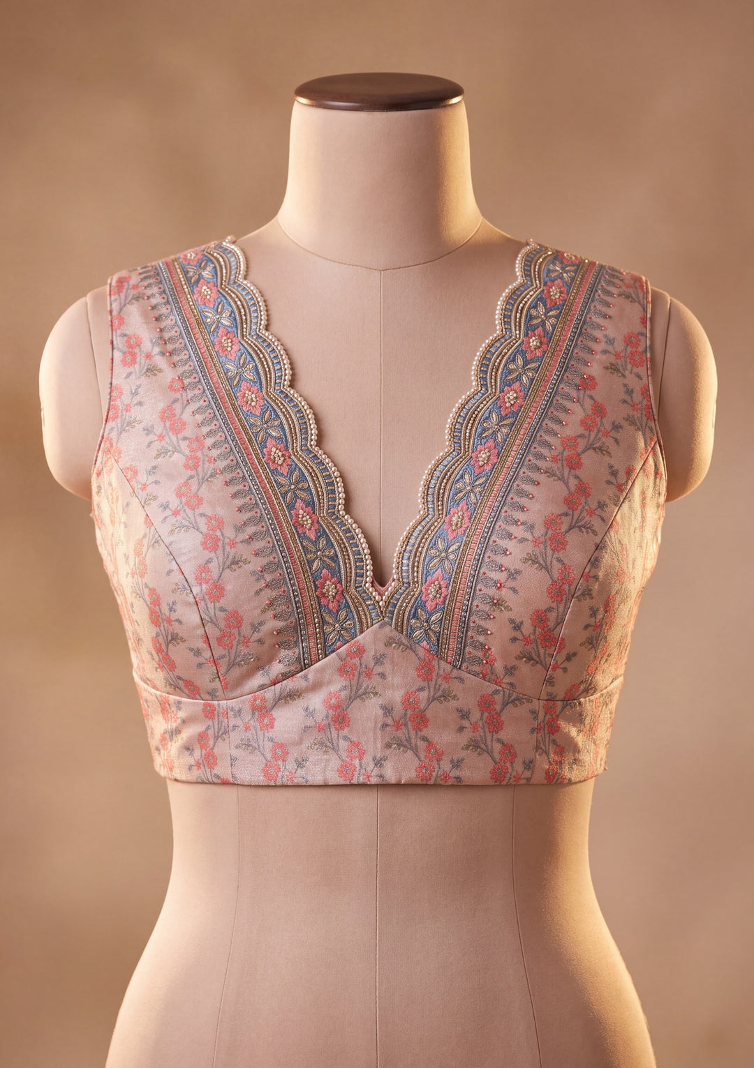 Peach Satin Floral Gold Stonework Saree With Matching Blouse Piece