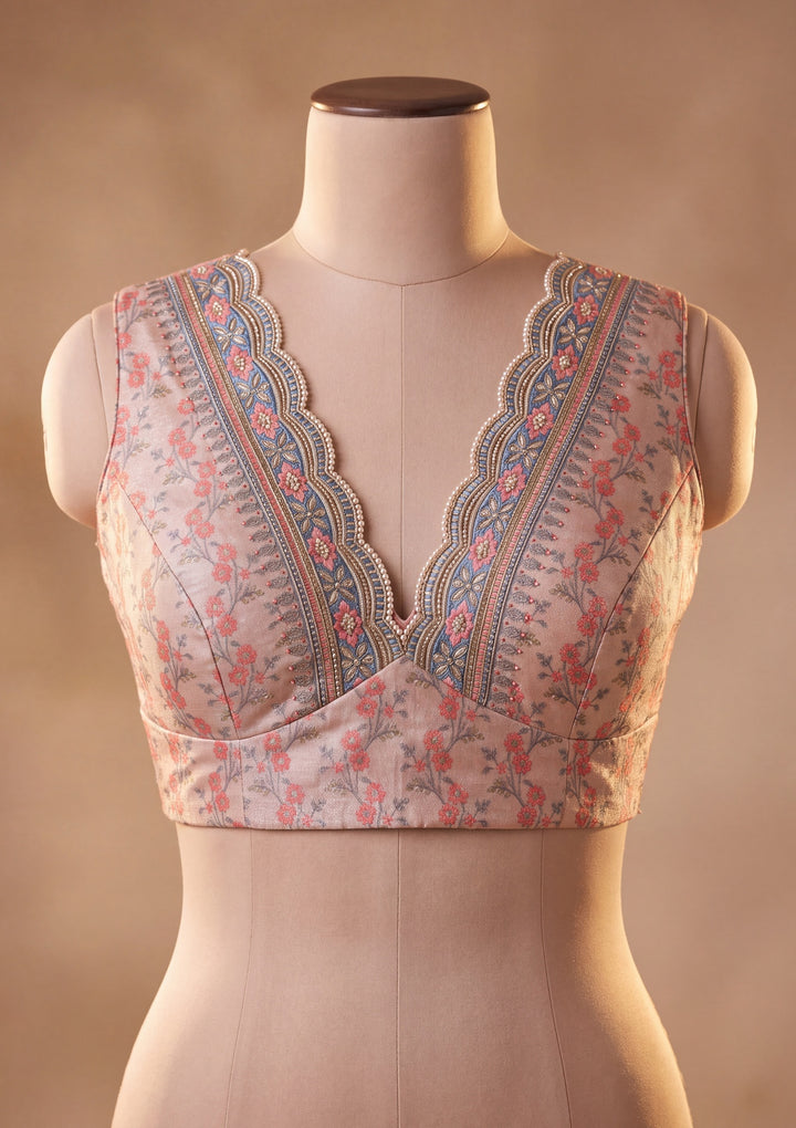 Peach Satin Floral Gold Stonework Saree With Matching Blouse Piece