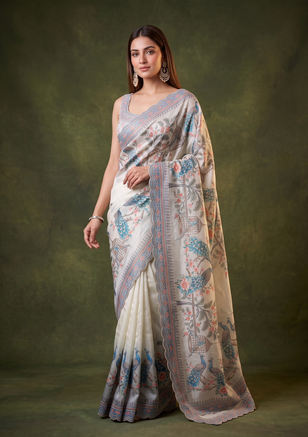 Sea Green Satin Floral Gold Stonework Saree With Matching Blouse Piece