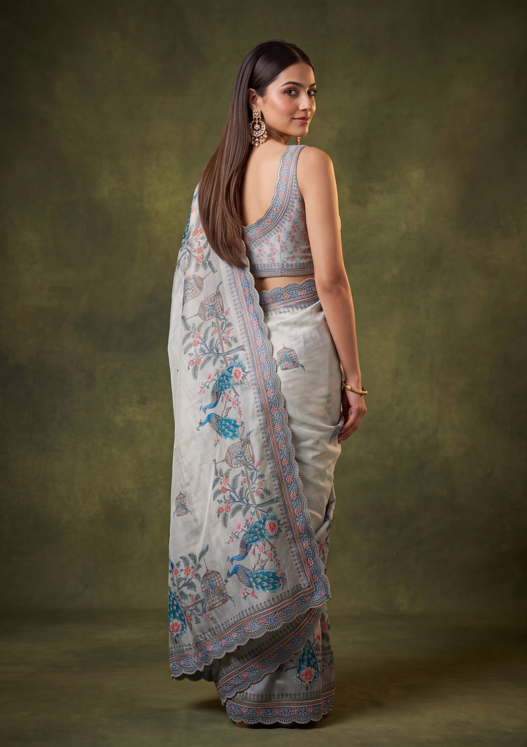 Sea Green Satin Floral Gold Stonework Saree With Matching Blouse Piece