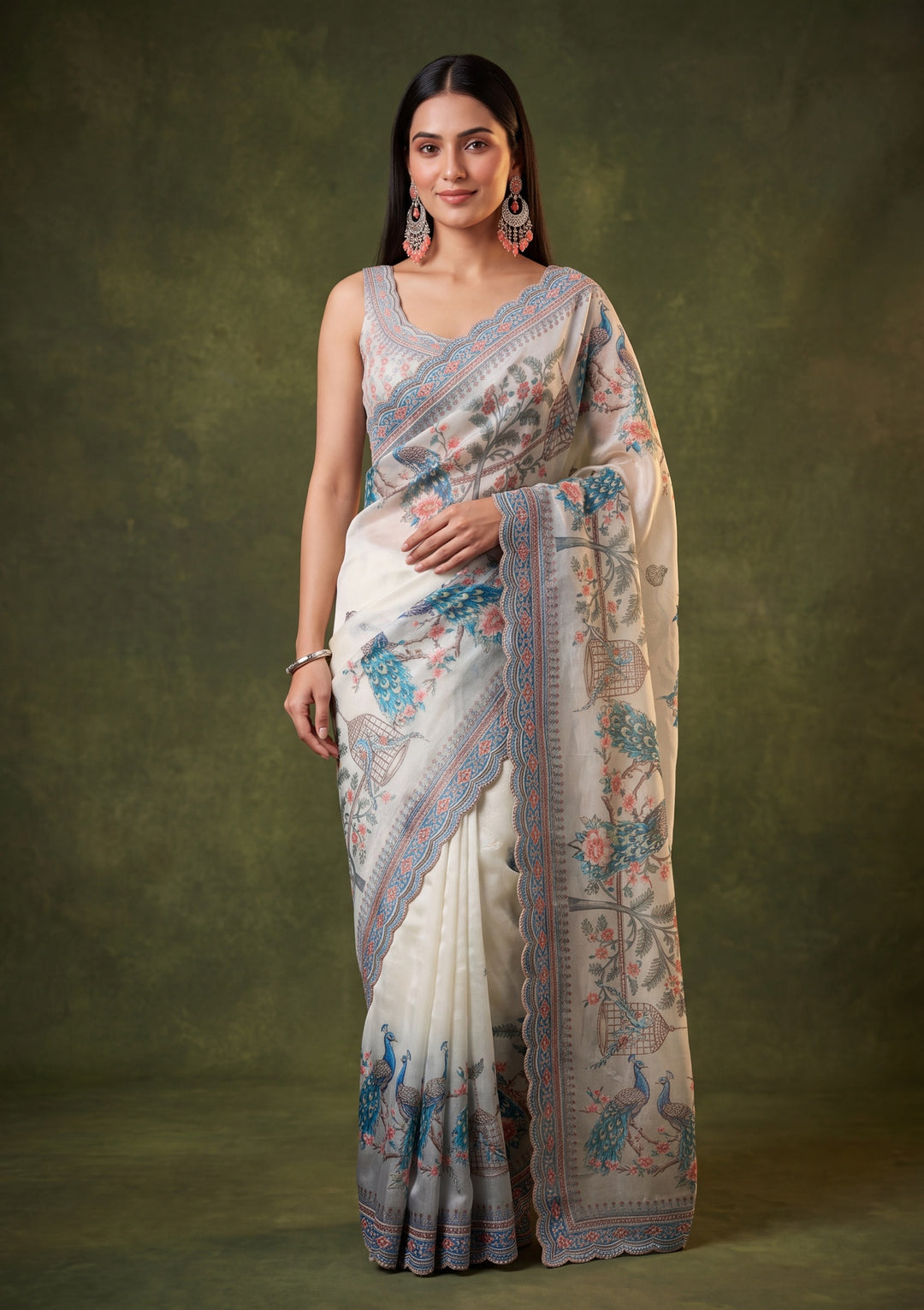 Sea Green Satin Floral Gold Stonework Saree With Matching Blouse Piece