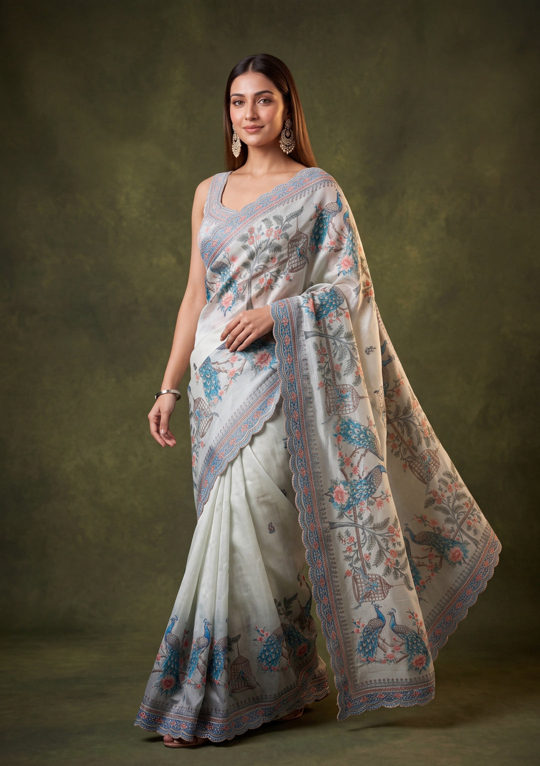 Sea Green Satin Floral Gold Stonework Saree With Matching Blouse Piece