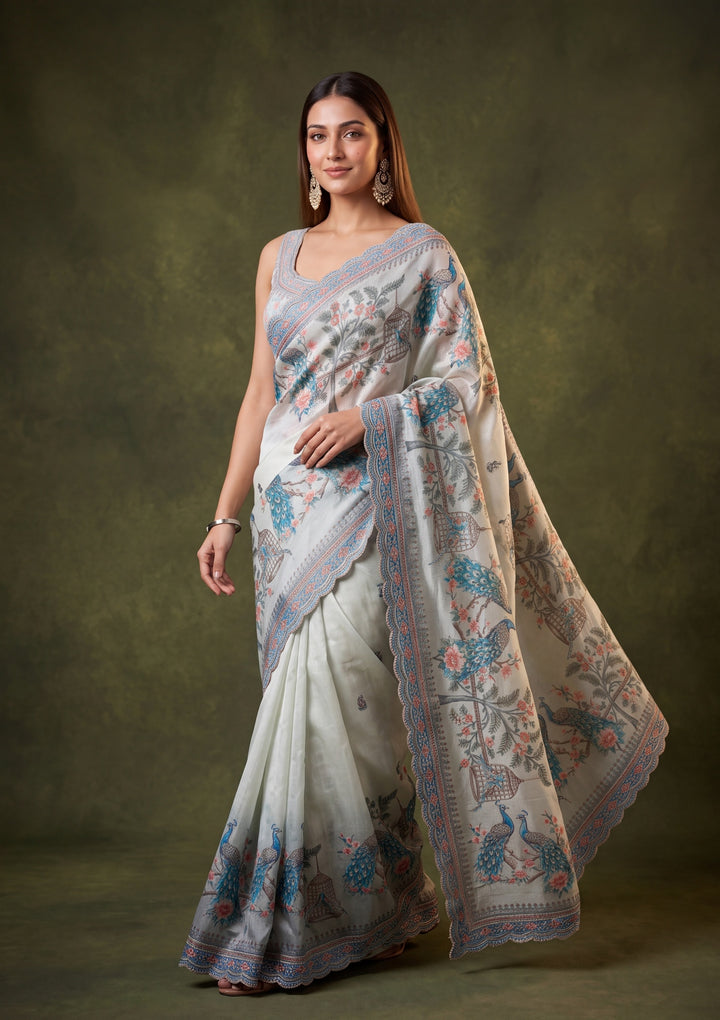 Sea Green Satin Floral Gold Stonework Saree With Matching Blouse Piece
