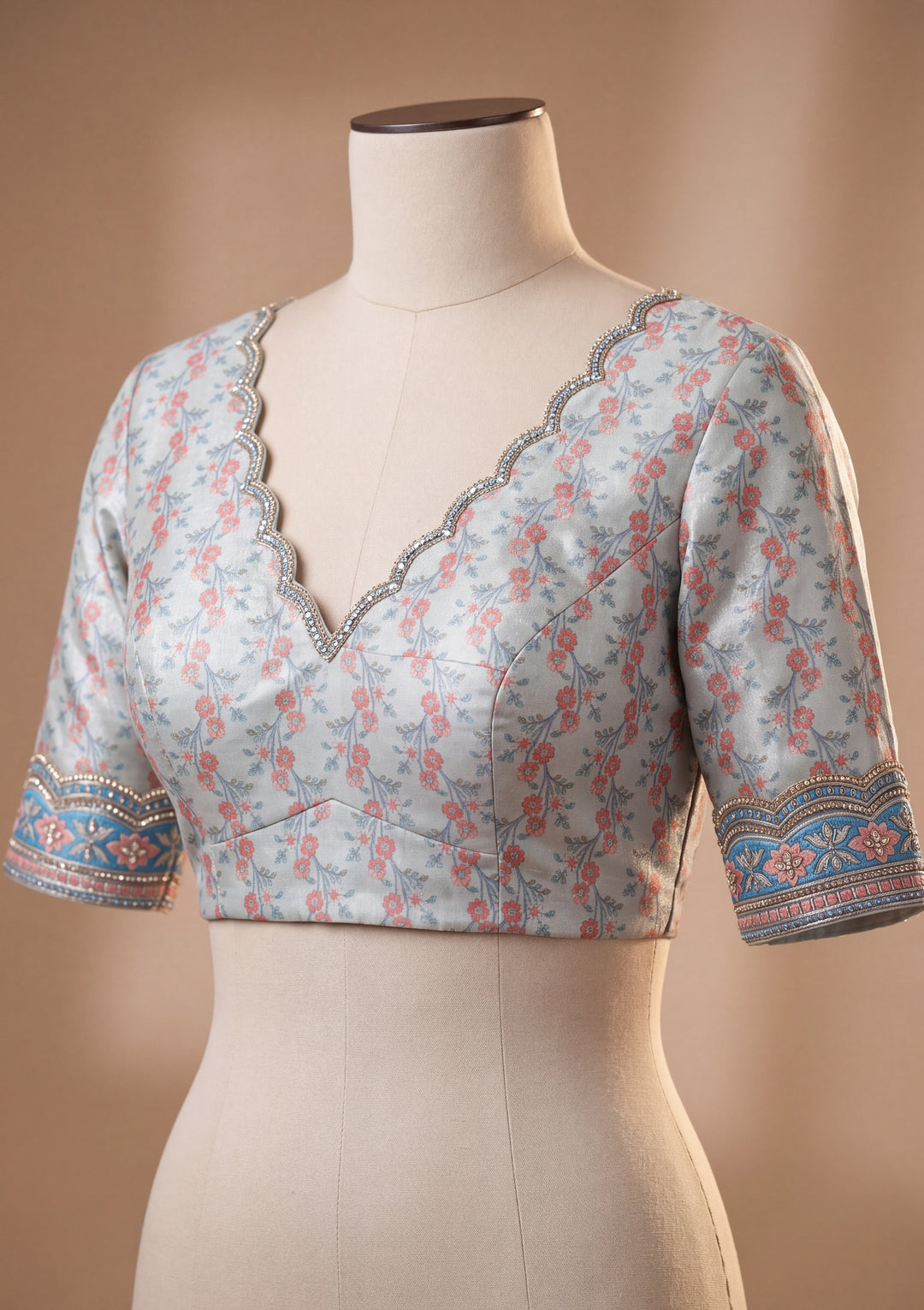 Sea Green Satin Floral Gold Stonework Saree With Matching Blouse Piece