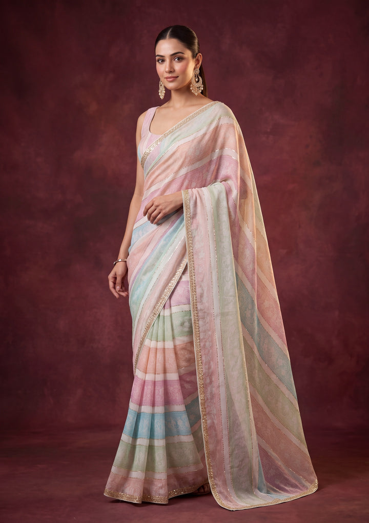Peach Satin Floral Gold Stonework Saree With Matching Blouse Piece