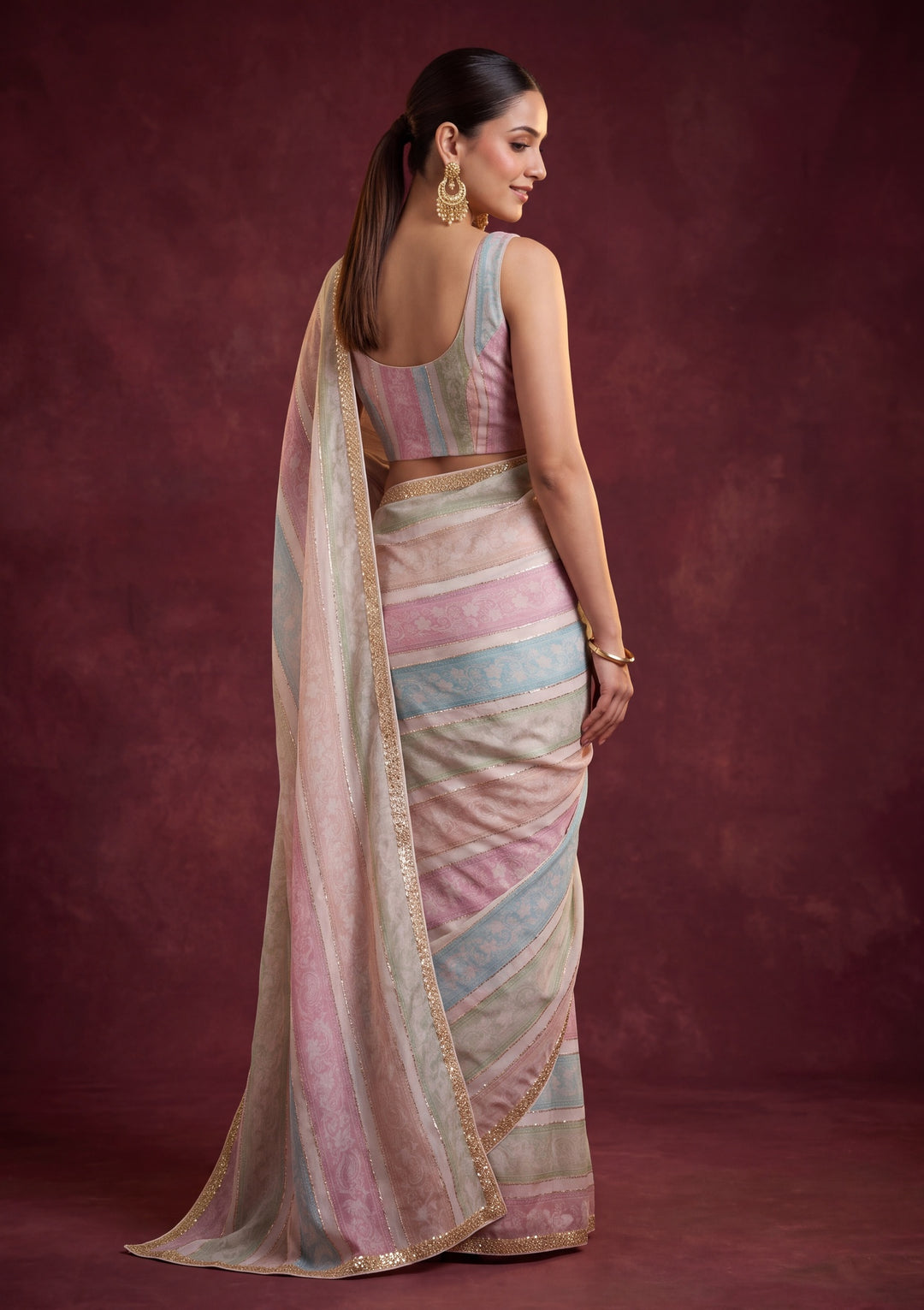 Peach Satin Floral Gold Stonework Saree With Matching Blouse Piece