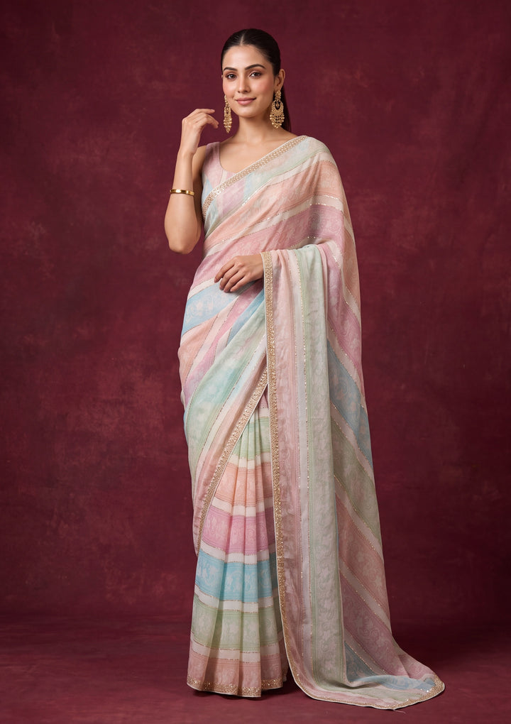 Peach Satin Floral Gold Stonework Saree With Matching Blouse Piece