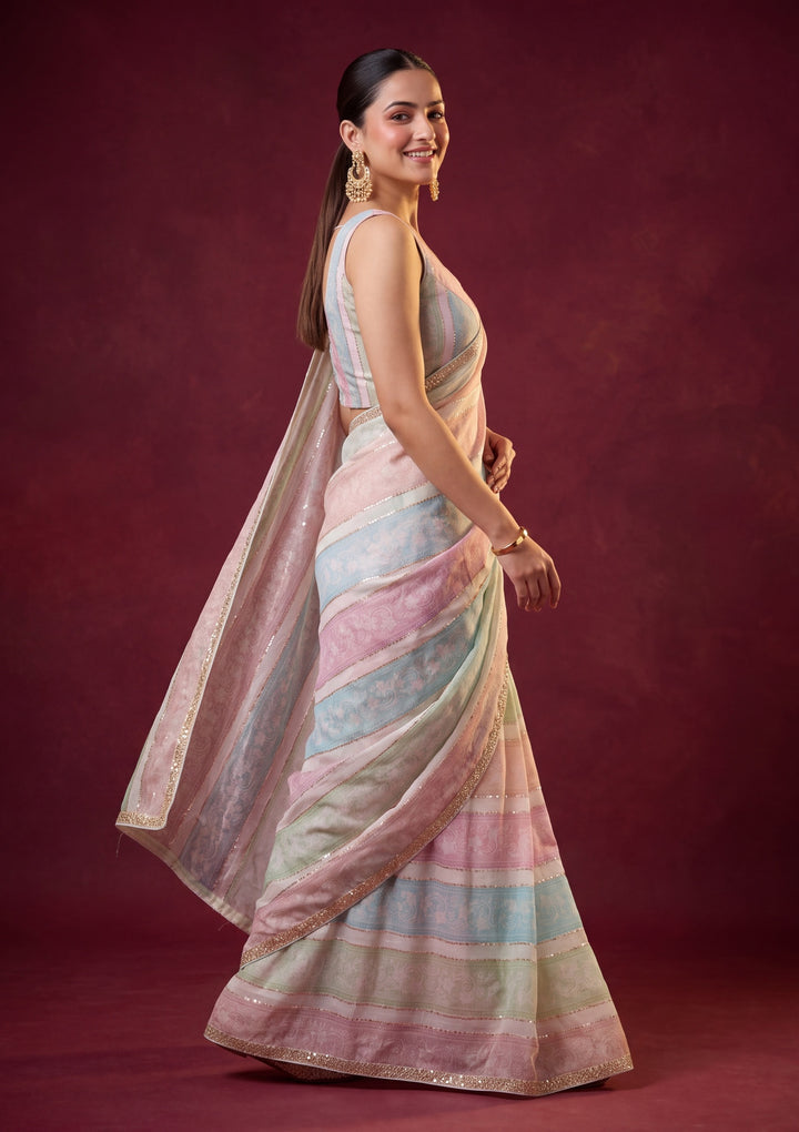 Peach Satin Floral Gold Stonework Saree With Matching Blouse Piece