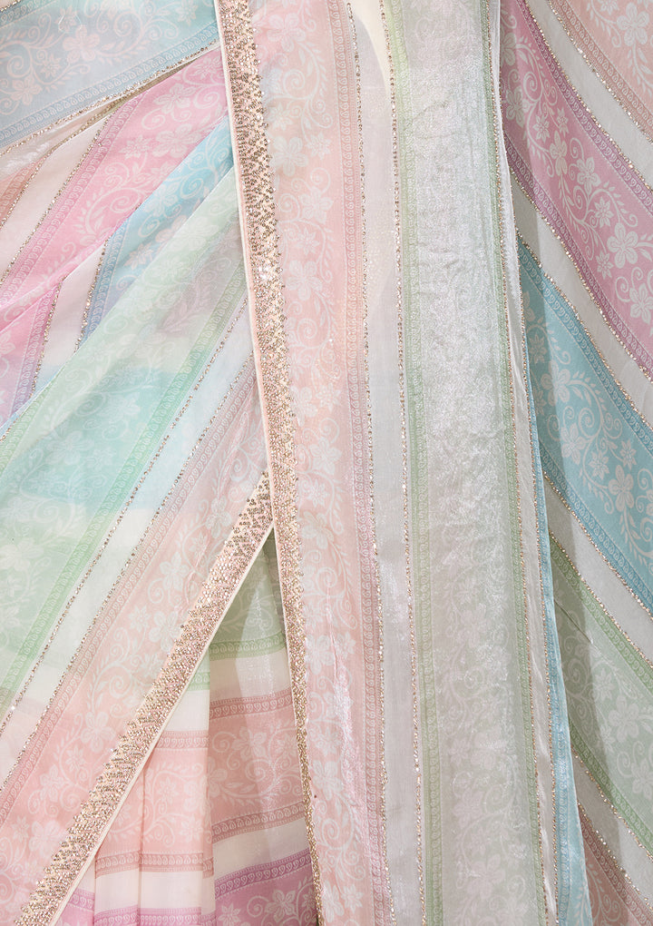 Peach Satin Floral Gold Stonework Saree With Matching Blouse Piece