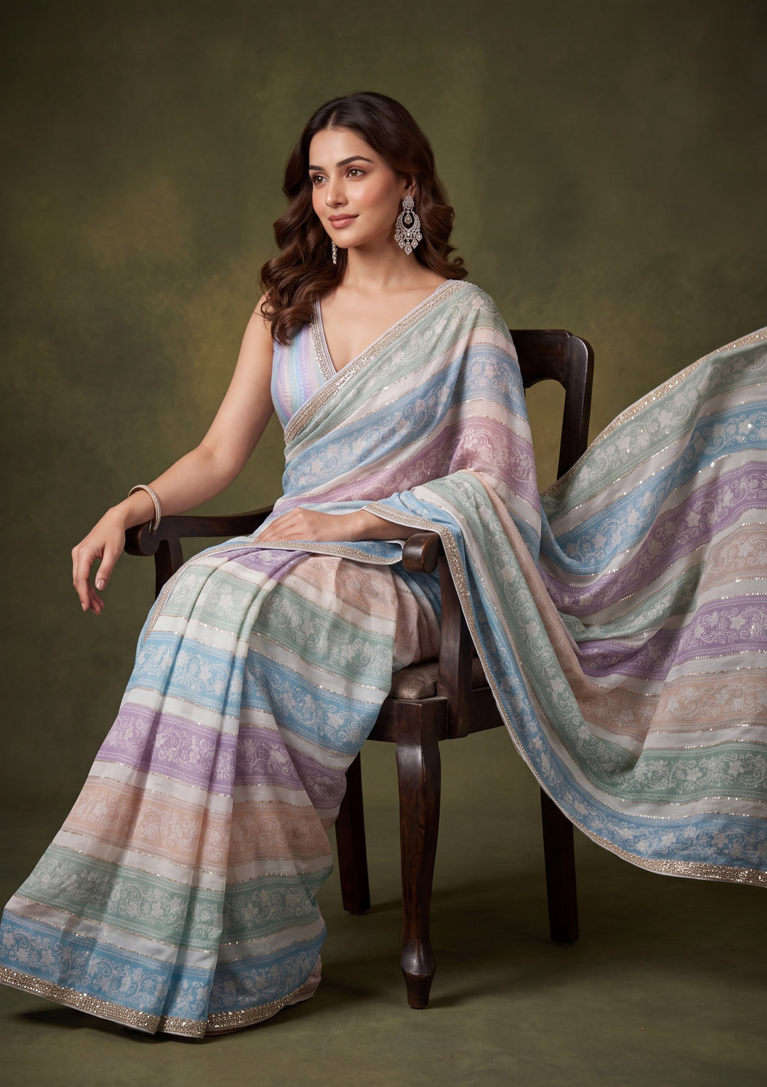 Sky Blue Tissue Floral Gold Stonework Saree With Matching Blouse Piece
