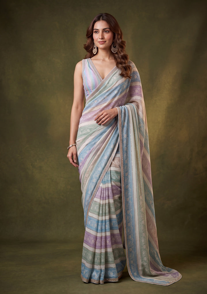 Sky Blue Tissue Floral Gold Stonework Saree With Matching Blouse Piece