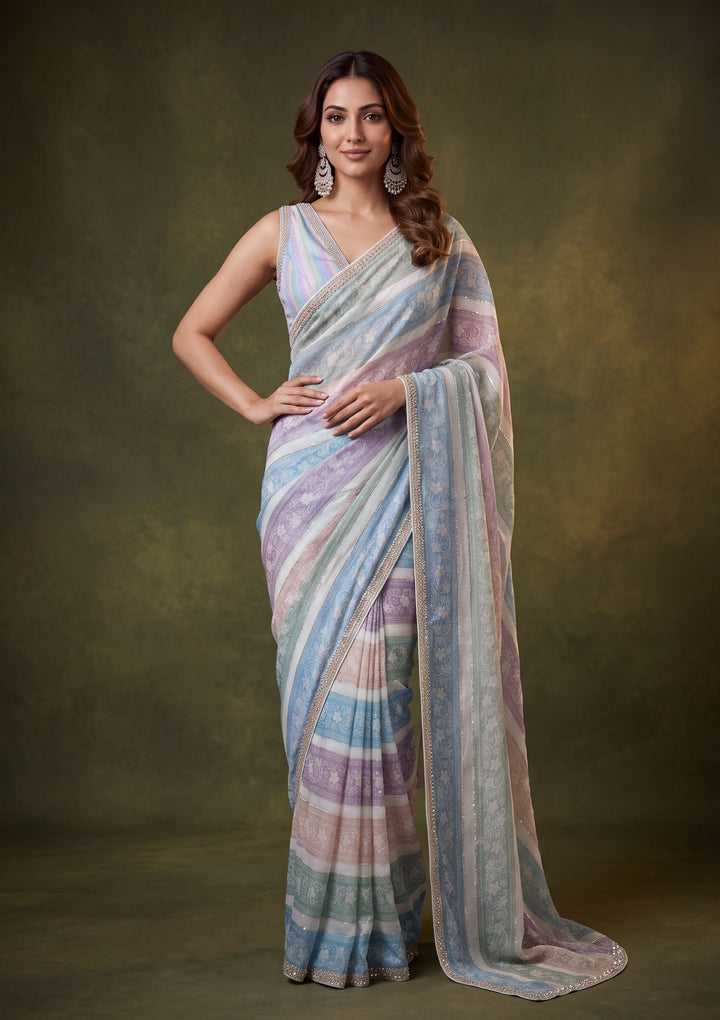 Sky Blue Tissue Floral Gold Stonework Saree With Matching Blouse Piece