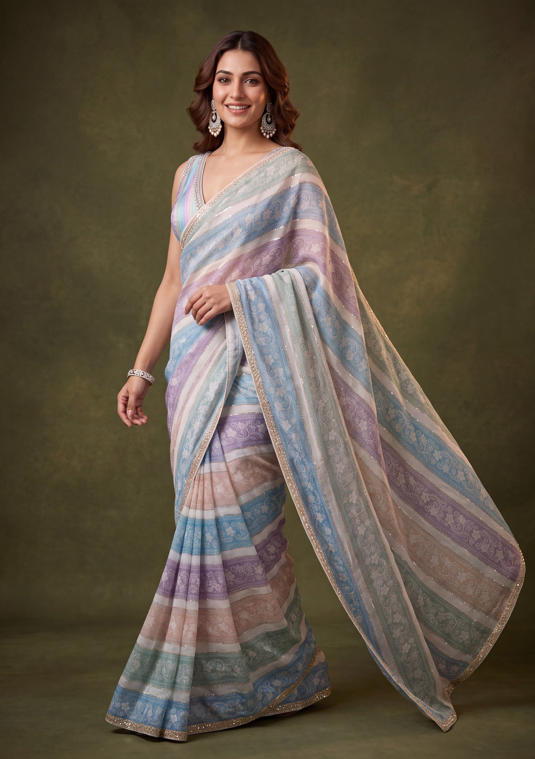Sky Blue Tissue Floral Gold Stonework Saree With Matching Blouse Piece