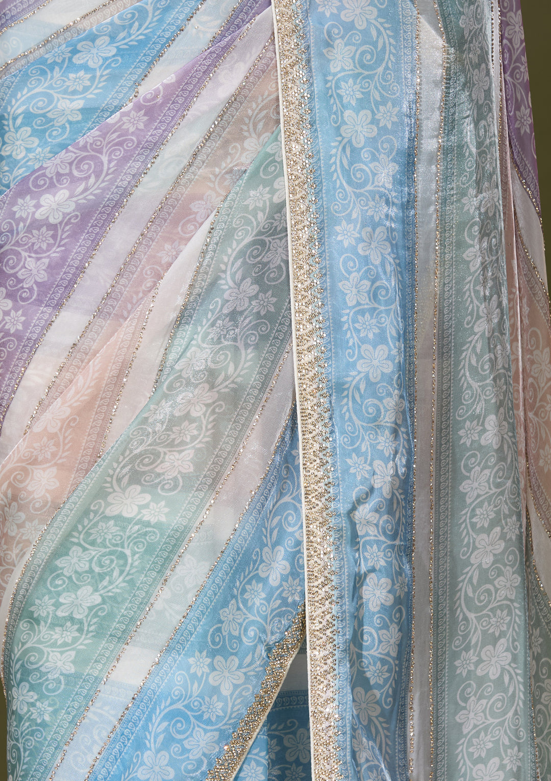 Sky Blue Tissue Floral Gold Stonework Saree With Matching Blouse Piece