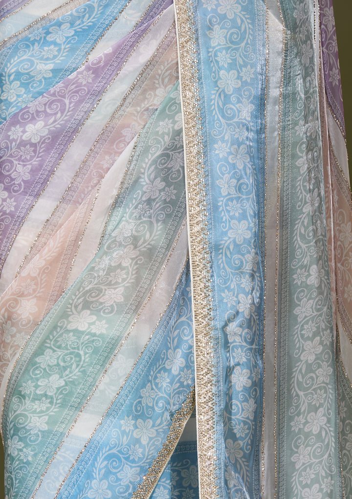 Sky Blue Tissue Floral Gold Stonework Saree With Matching Blouse Piece