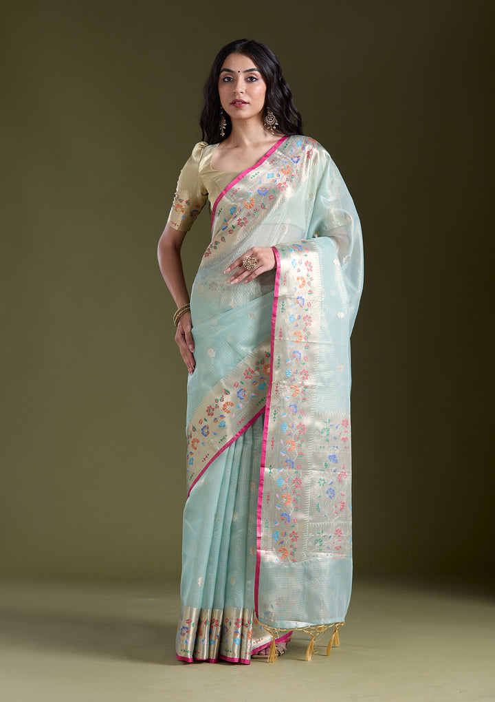 Sea Green Zariwork (Gold) Banarasi Silk Saree