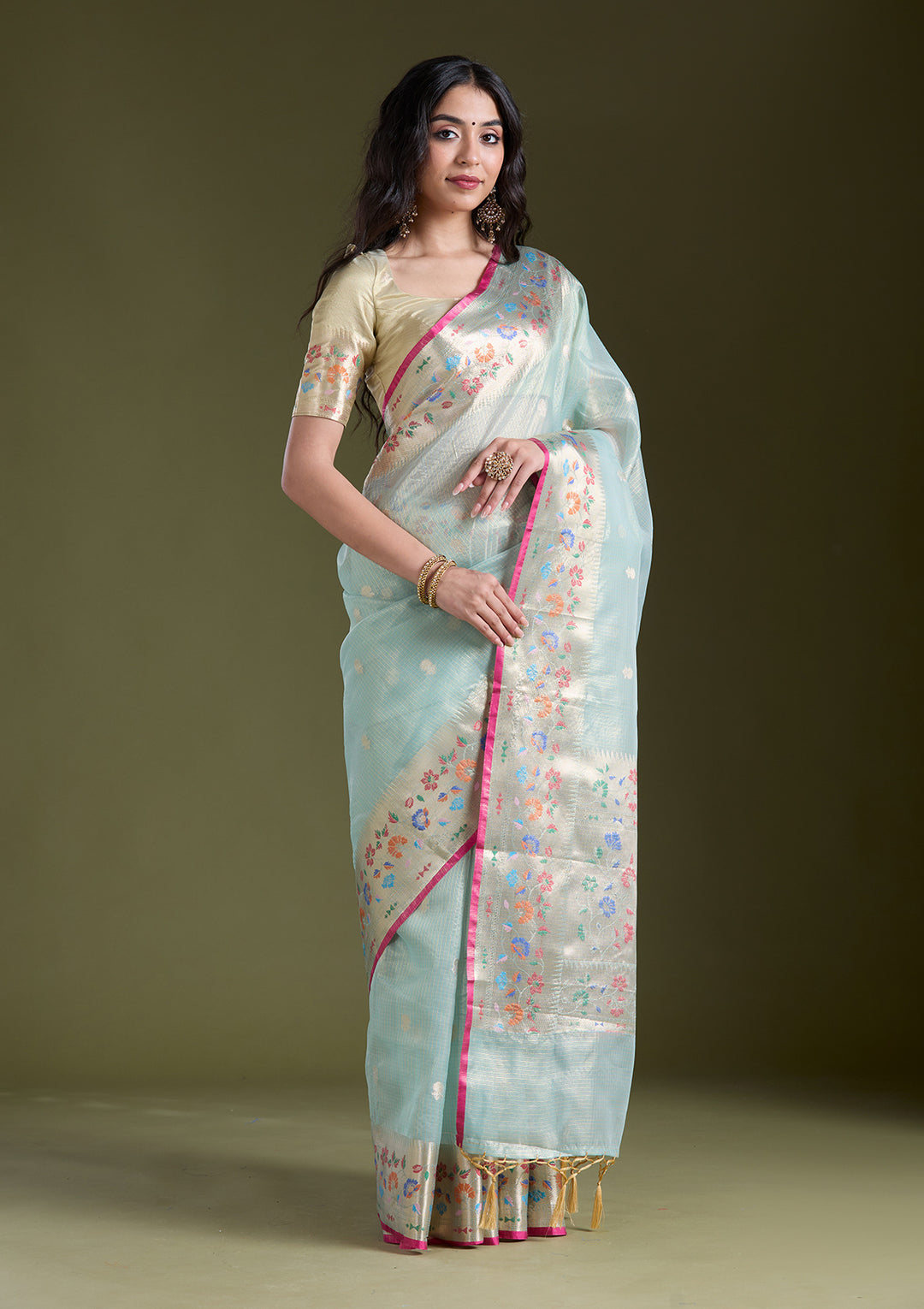 Sea Green Zariwork (Gold) Banarasi Silk Saree
