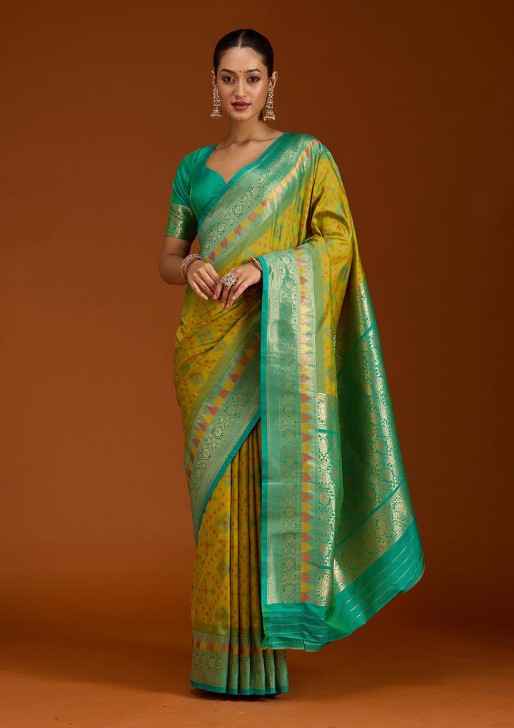 Parrot Green Pochampalli Silk Saree