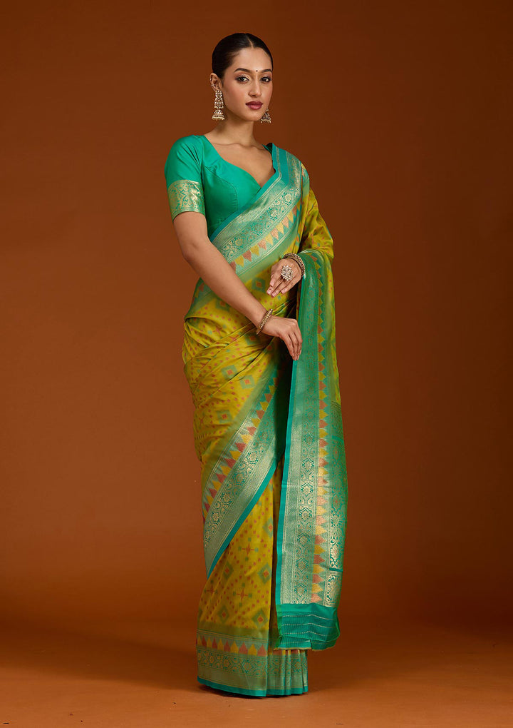 Parrot Green Pochampalli Silk Saree