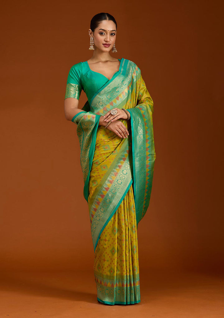 Parrot Green Pochampalli Silk Saree